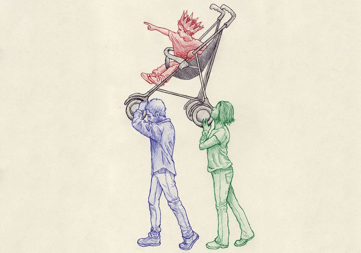 La imagen simboliza cómo, en algunas familias, los roles de autoridad se invierten: los padres terminan obedeciendo y complaciendo todos los caprichos del hijo, quien adopta una actitud dominante y autoritaria. Refleja la pérdida de límites y la sobreprotección, características centrales del fenómeno del niño emperador.